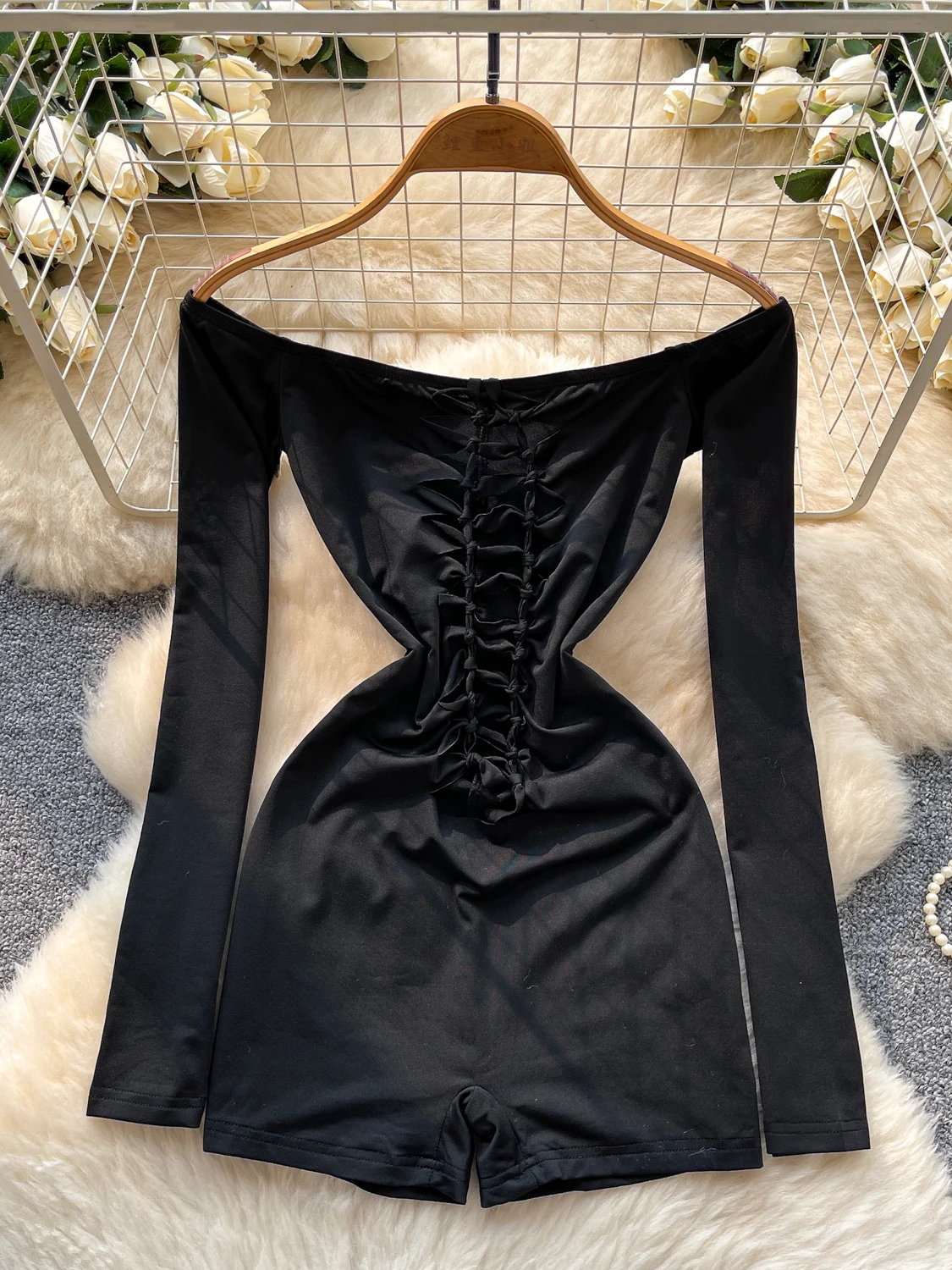 

Женские черные готические комбинезоны с вырезом на шее, комбинезоны Y2k, шорты с длинными рукавами, винтажные сексуальные комбинезоны, кокетная одежда