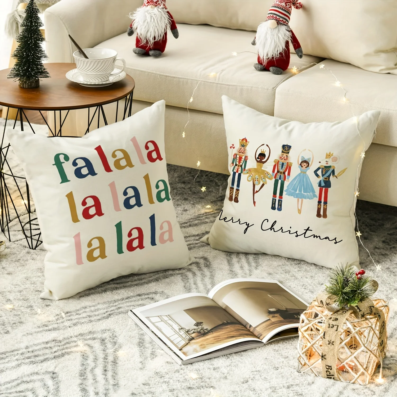 Set of 2 Nutcracker Festive Typography Throw Pillow Covers Machine Washable Polyester - Christmas Holiday Decor