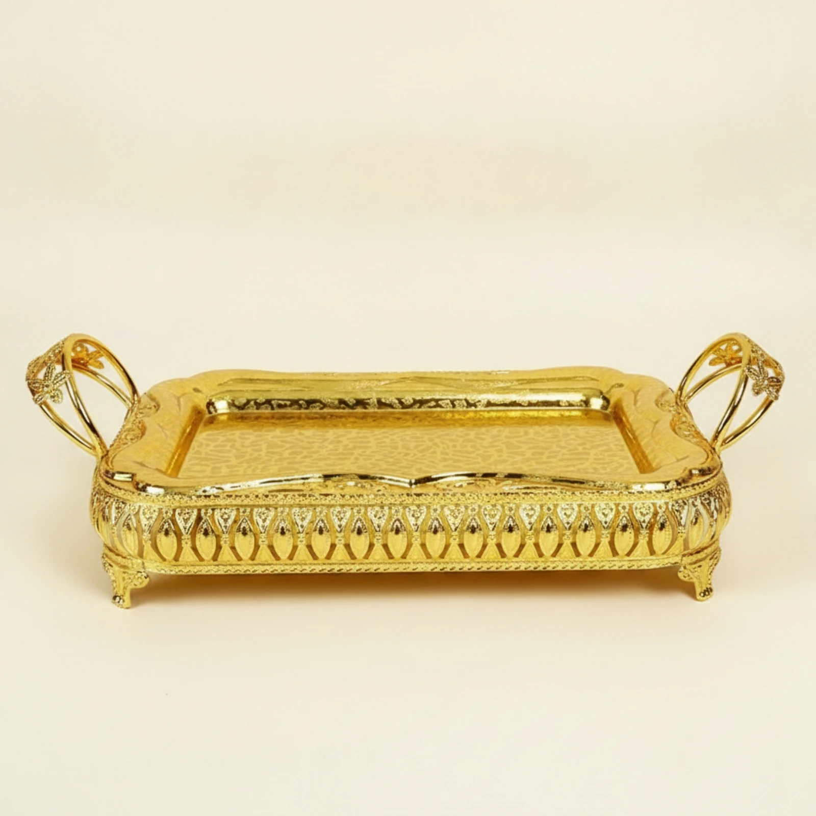 Serving Tray with Handles Gold Metal Serving Tray Ornate Rectangular for Hosts, Home Entertaining, Tea Service