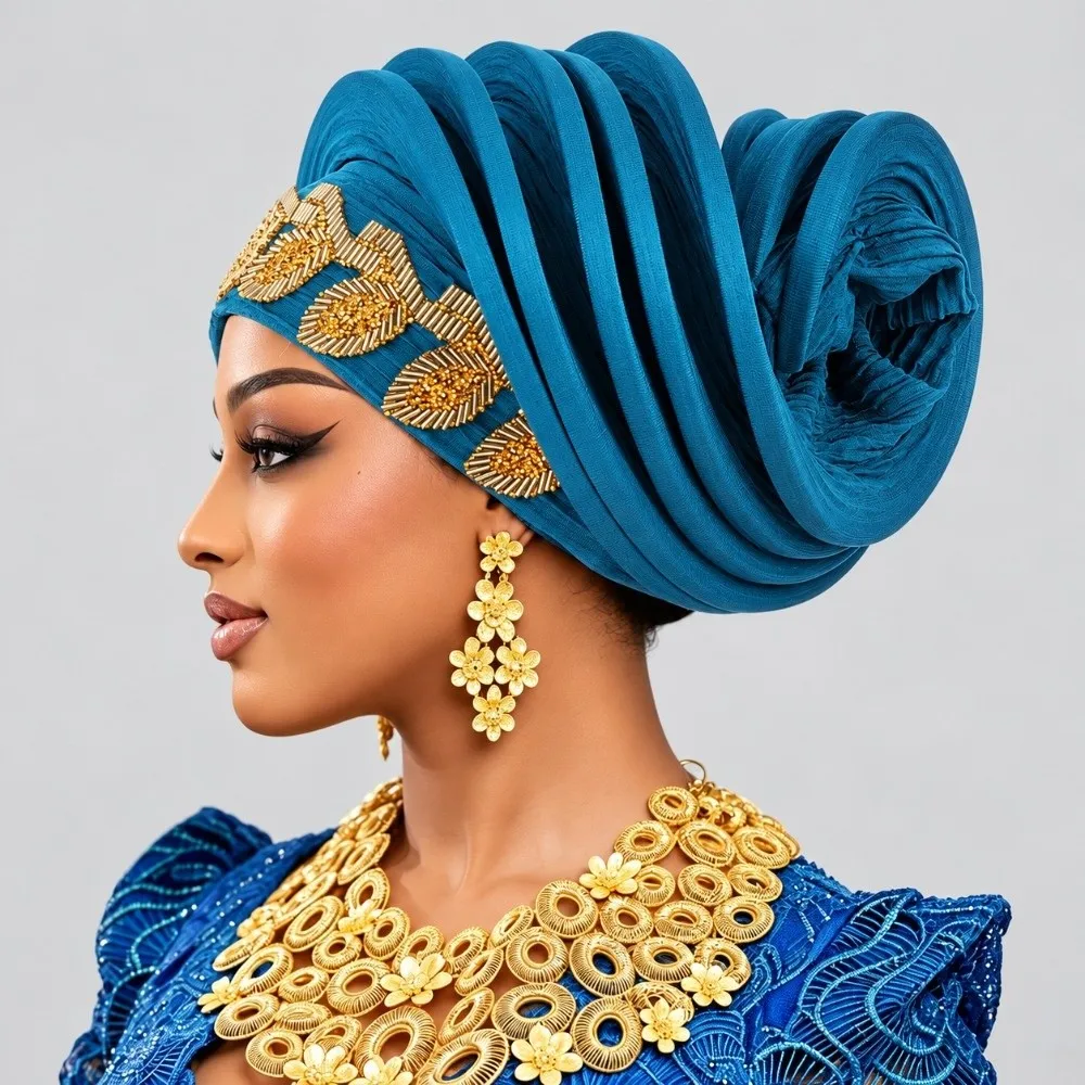 Shiny African Gele Headwrap Polyester Leaf Yoruba Turban Hat Multiple Color Options Gold Embellished Traditional Headpiece