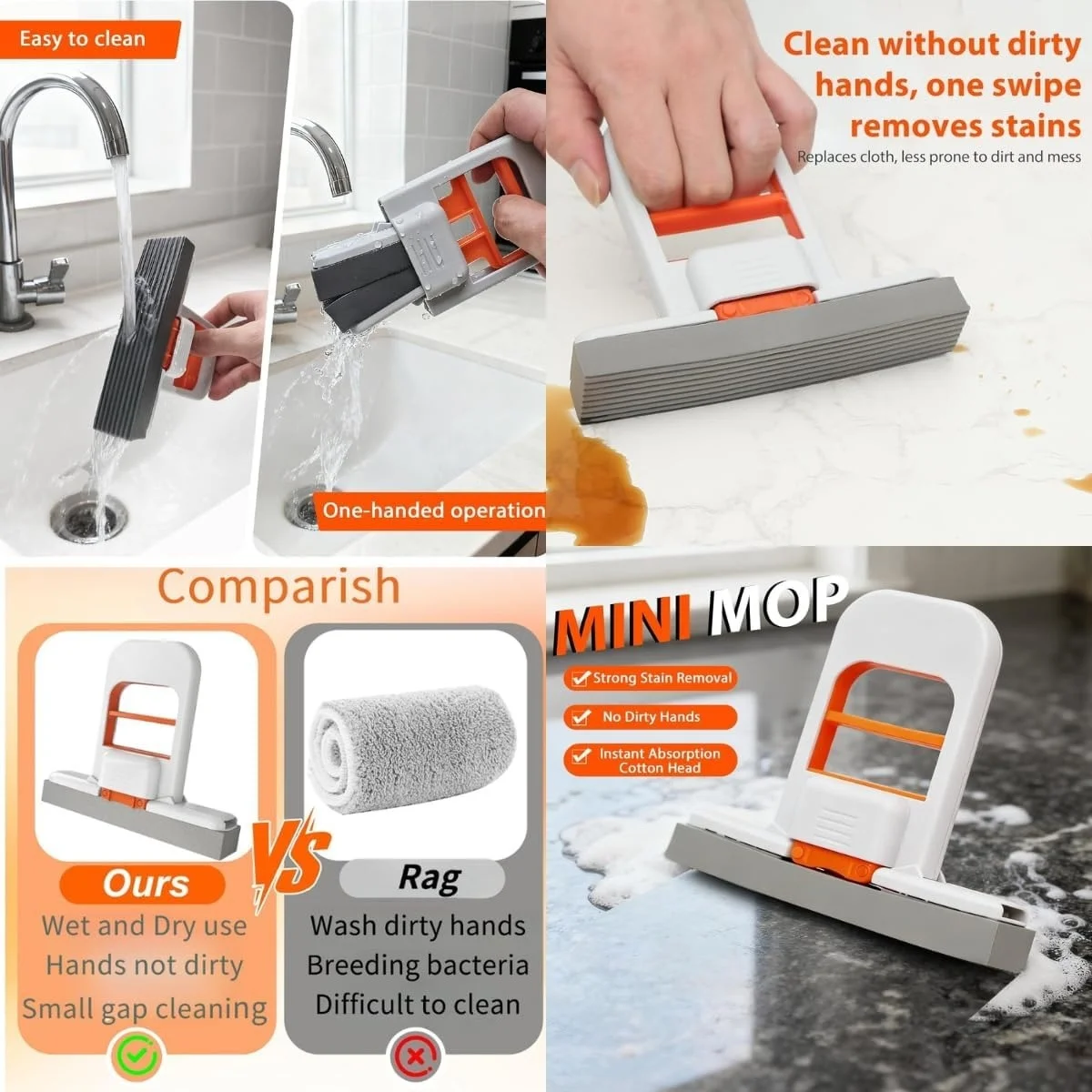 Self Squeezing mini Folding Mop, One Handed Wringing Design, Wet and Dry Dual-Use Cleaning, Used for Mirrors, Tiles, Cars, Narro
