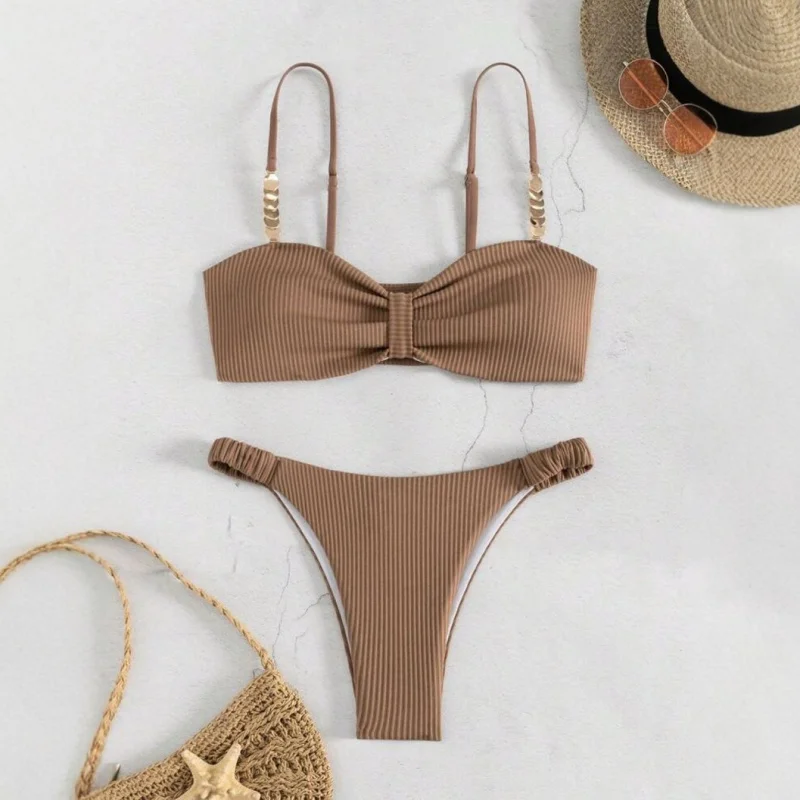 

2024Pure Color Tube-Top Beach Bikini Triangle Split Beach Swimsuit Swimsuitins