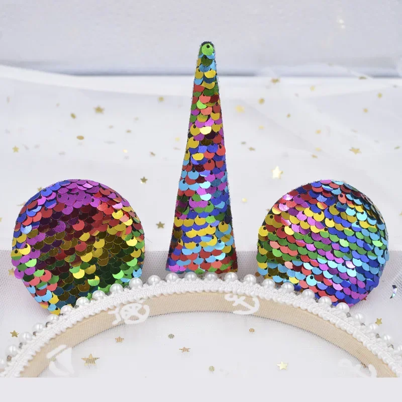 2 Set Appliques with Sequins Embroider Unicorn Horn & Mouse Ears Patches for DIY Hair Headwear Baby Hair Clips Party Decor