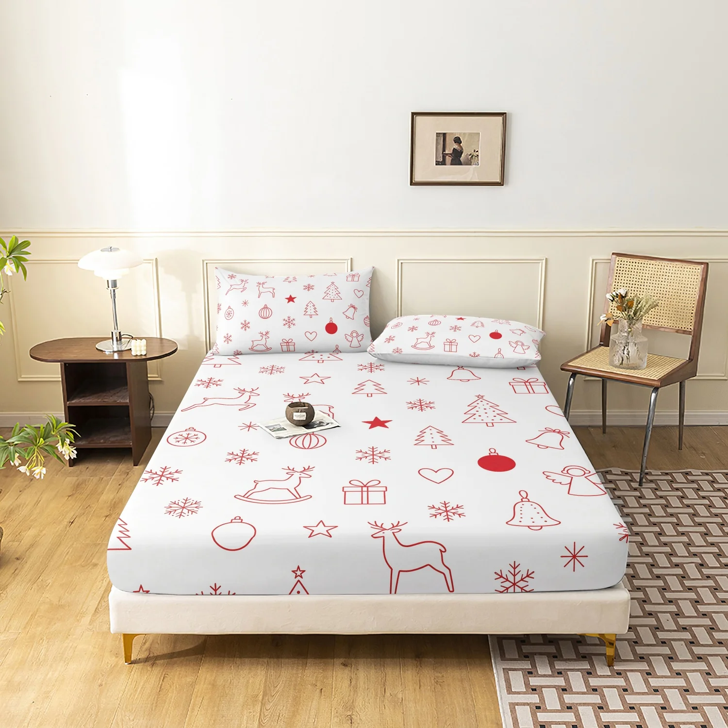 3Pcs Line Art Christmas Fitted Sheet Set, Red Outline Reindeer Snowflake Xmas Print Bedding, Microfiber Festive Bedroom Bedding