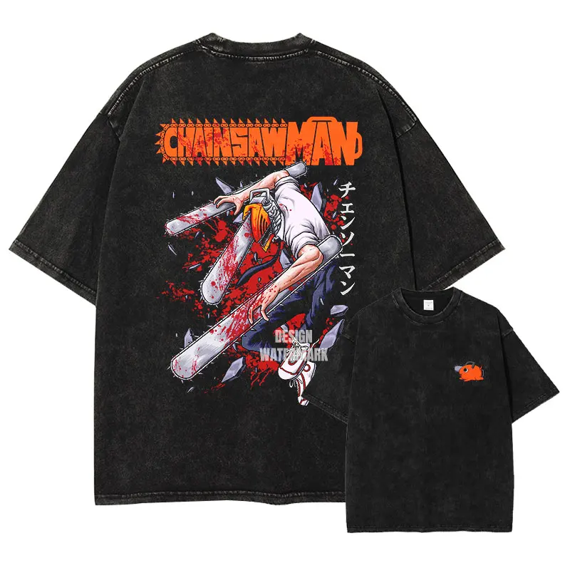 

Anime C-Chainsaw M-Man T-shirt Oversized Vintage Washed Pochita T Shirts Manga Harajuku Denji Power T Shirt Makima Tops Tees Man
