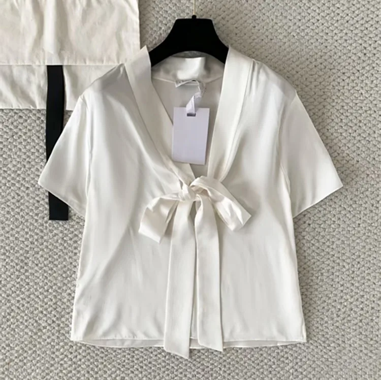 

Customization New summer styles for women's clothing Europe and America 2026 Short-sleeved bow-necked top Solid-colored shirt
