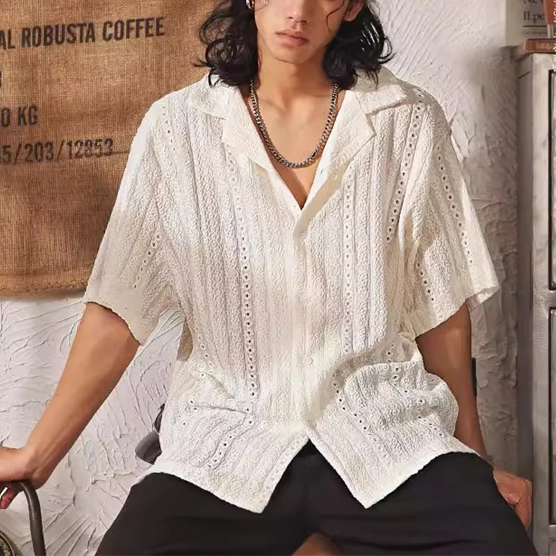 

Mens Cuban Collar Short Sleeve Shirt Hollow Out Knit Texture Loose Fit Casual Beach Top
