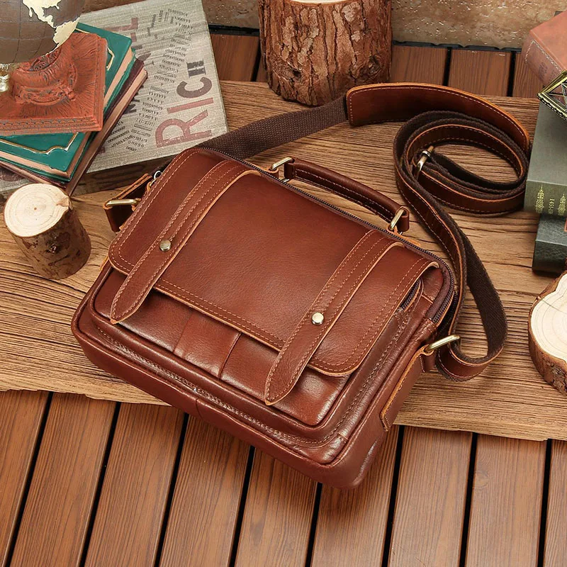 Retro Genuine Leather Shoulder Bag for Men Multi‑Pocket Small Messenger Satchel Purse with Top Handle Casual Crossbody Handbag