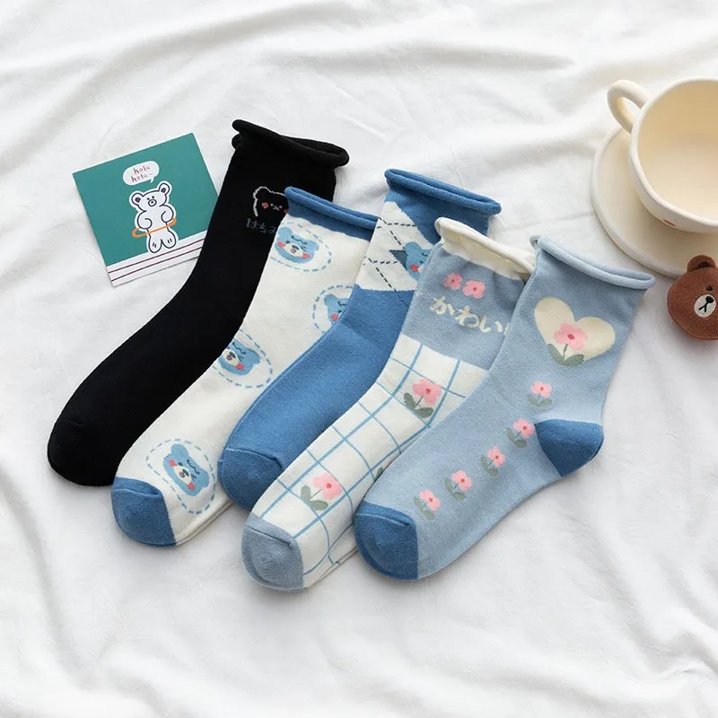 

Women Socks Cartoon Bear Plaid Printed Cotton Socks Trend Curled Edge Japanese Kawaii College Style Women's In Tube Socks H105