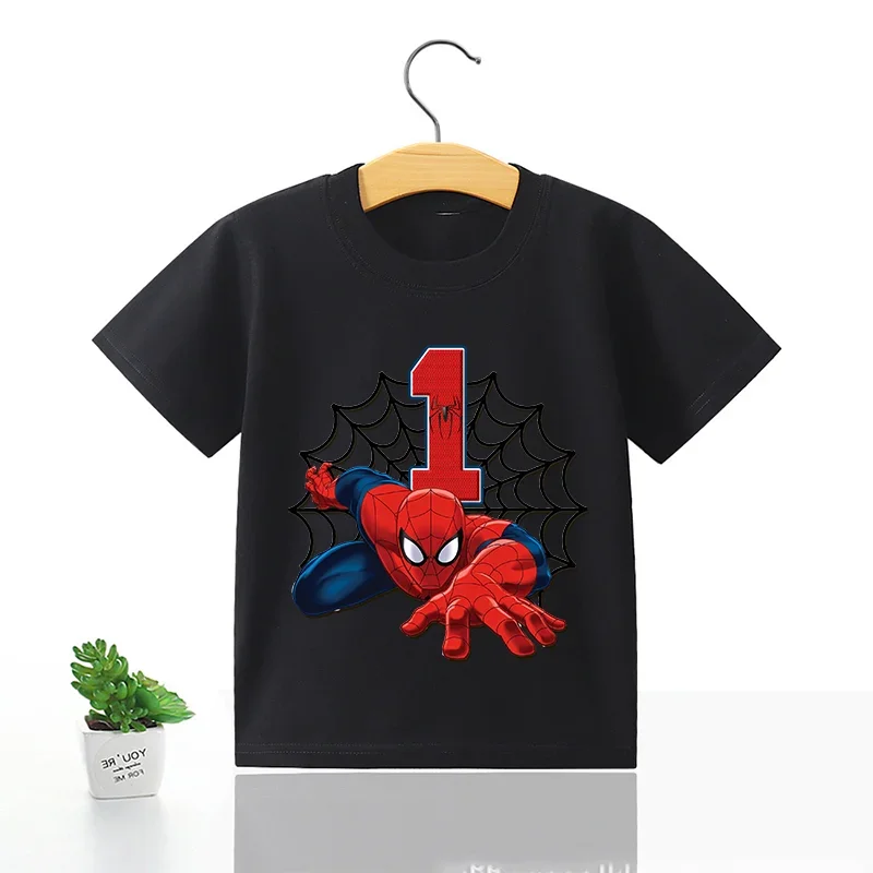 Marvel Spider Man T-shirt 1-9 Birthday Party Boys Cool Short Sleeve T-shirt Summer Children's Fashion Top Cotton Clothing