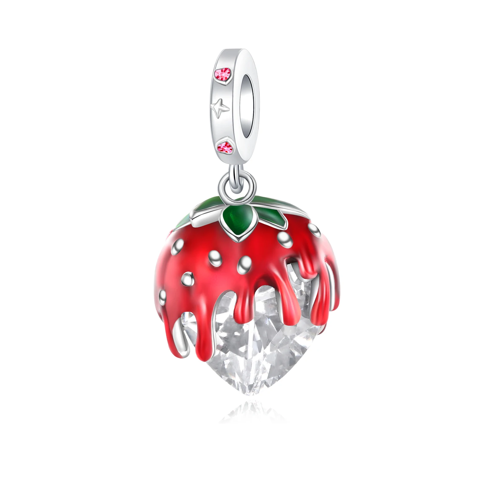 Strawberry Heart Crystal Charm 925 Silver Red Fruit Dangle Bead Pink Heart Star Paved Bail Fit Bracelet Valentine Jewelry Gift