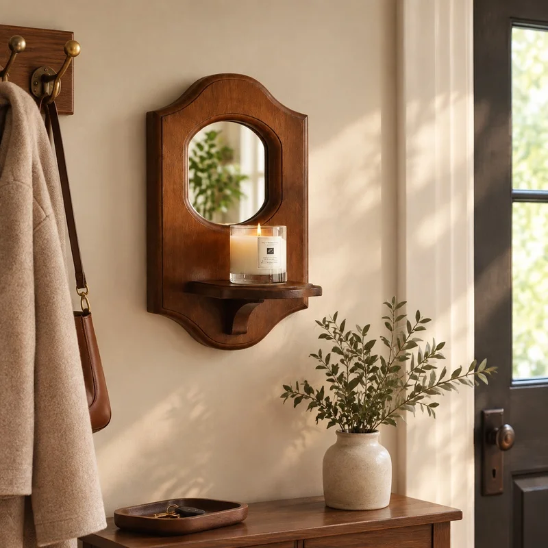 Wall-Mounted Wooden Mirror Featuring Integrated Shelf and Candle Stand, Perfect for Aromatherapy and Decorative Storage