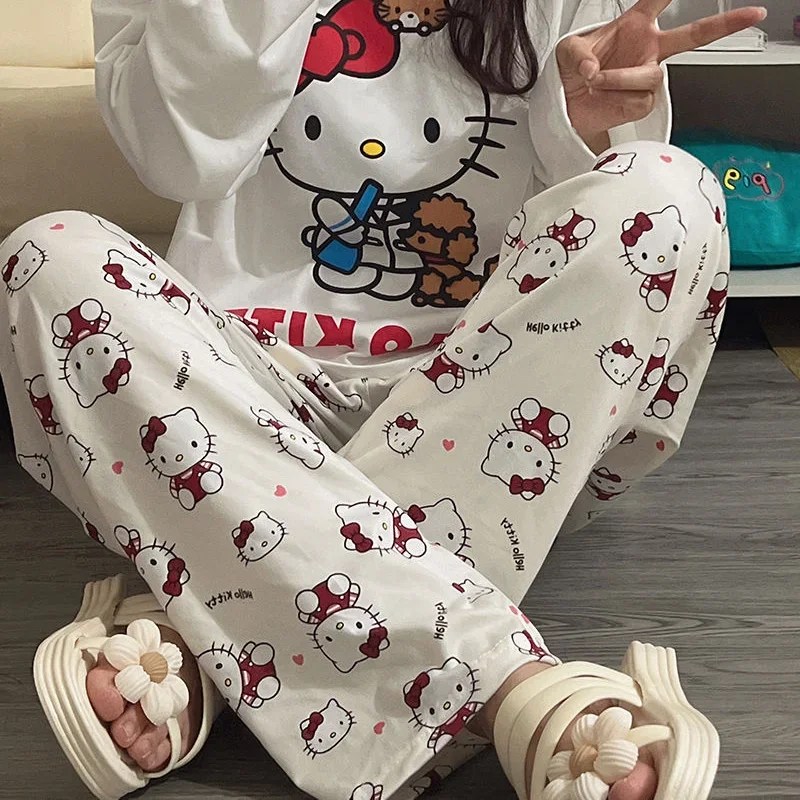 Sanrio Hello Kitty Pajamas Anime Ladies White Cartoon Casual Family Cute Print Loose Fall Girls Pants Christmas Birthday Present