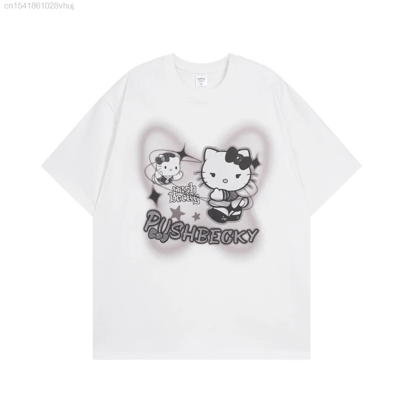 Sanrio Hello Kitty Gothic Printed Black White T-shirt Y2k Youthful Woman Clothes Summer New 2024 Oversize Top 2000s Punk Tees