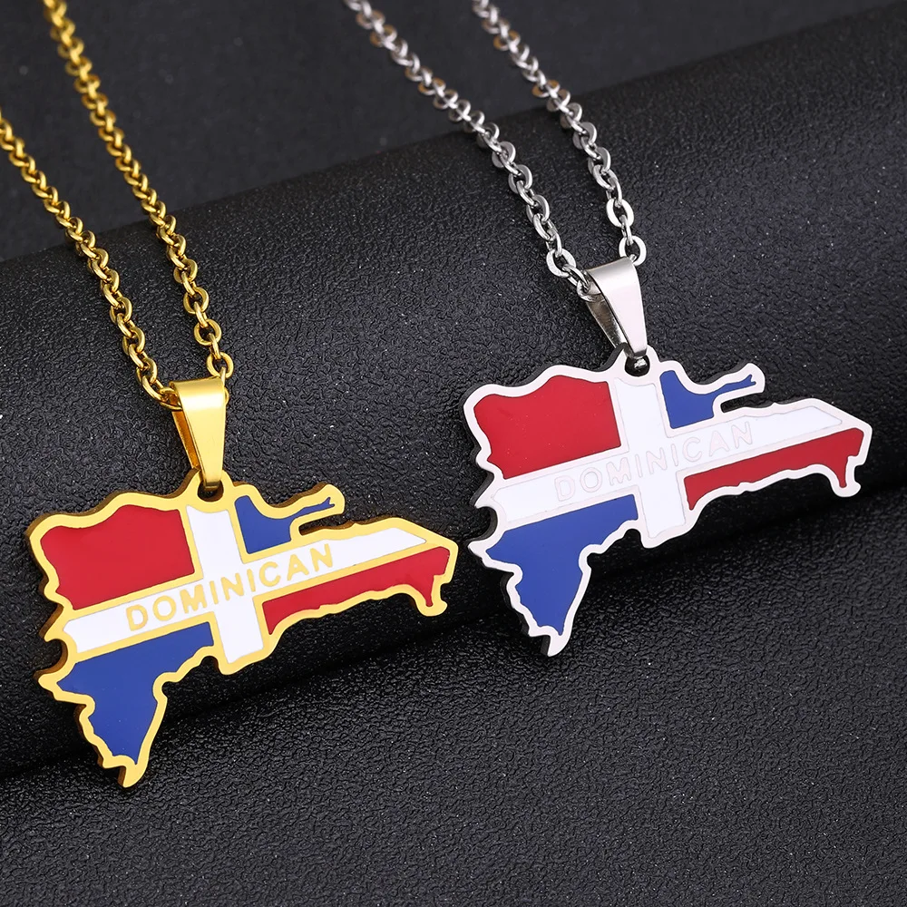 Gold Enamel Dominican Republic Map Silver Plated Pendant Necklace For Women Men Flag Of Dominica Jewelry