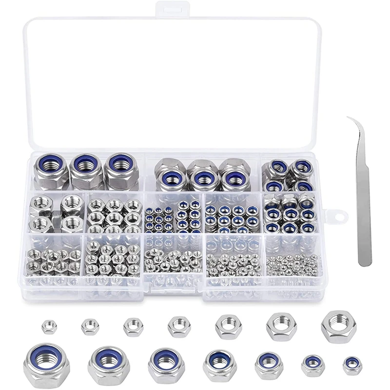 

520PCS Lock Nuts Nylon 304 Stainless Steel Hex Nuts 9 Size Lock Nuts Self-Locking Lock Nuts Clamp Nut Set Nut Set