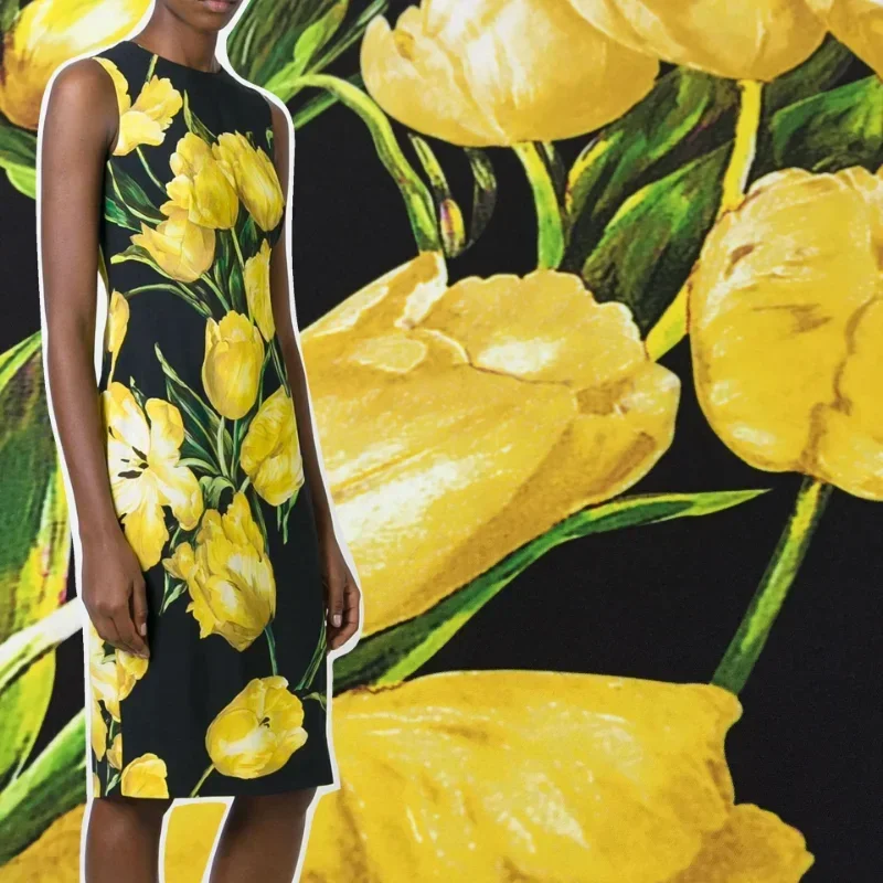 

Желтая тюльпанная ткань с принтом, ручная роспись, ткань на метр, для платьев, рубашек, 100% полиэстер, ткань для шитья