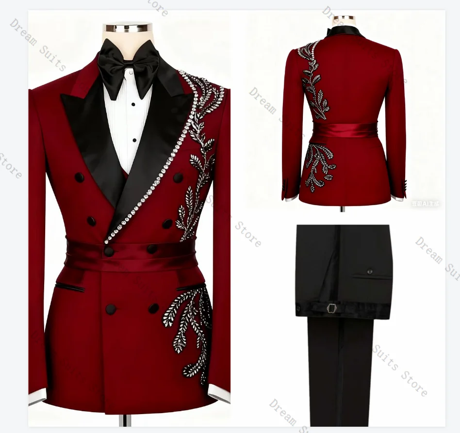 

Dark Red Men Suit Set 2 Piece Crystals Blazer+Black Pants Trousers Belted Customized Formal Office Jacket Wedding Tuxedos Coat