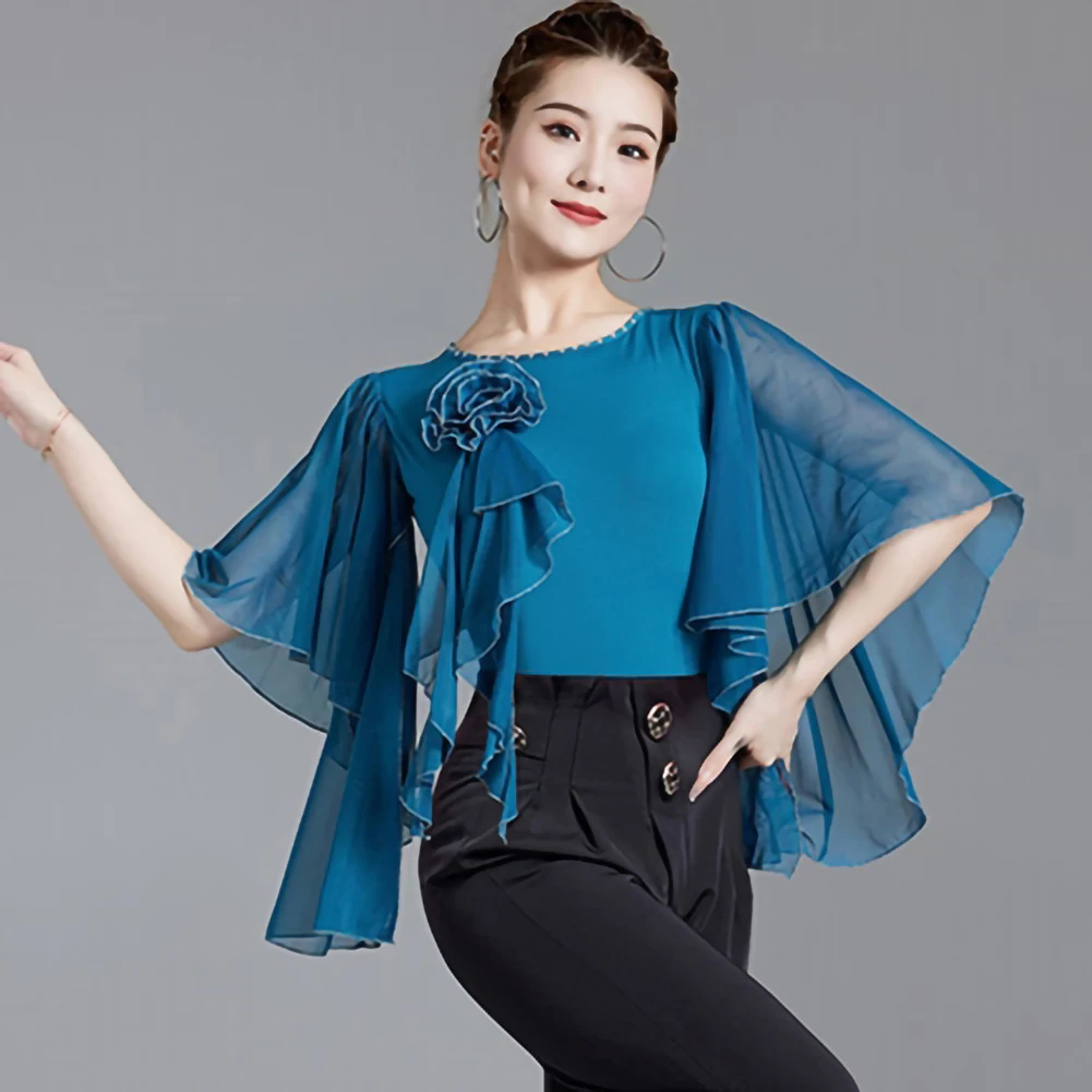 Tanzoberteil, Bankettsaal, lila, rot, T-Shirt, Pfauenblau, Rundhalsausschnitt, mittlere Ärmel, springender neuer Overall mit Lotusblatt-Ärmeln