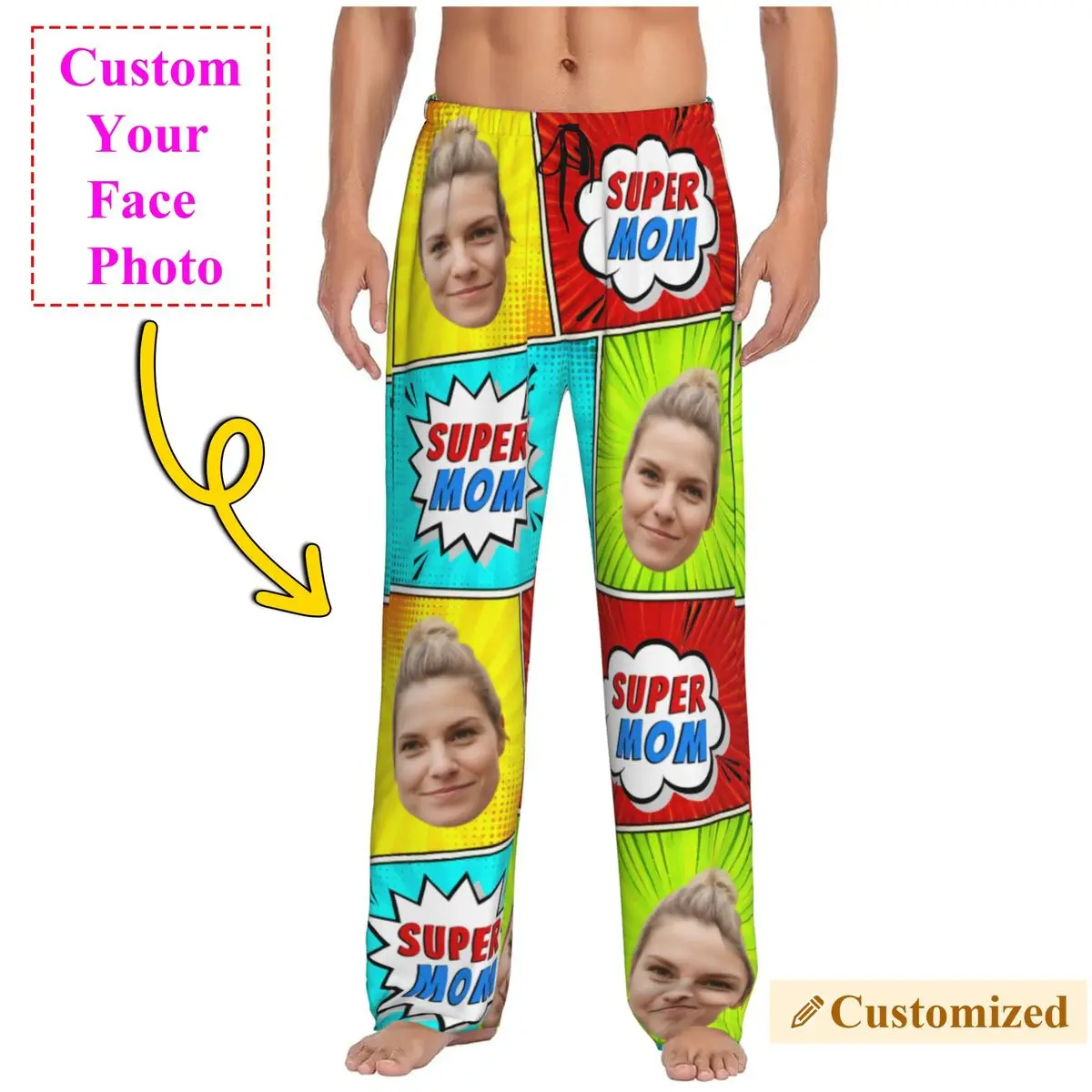 Men's Super Mom Custom Pajama Pants Custom Print DIY Personalized Face Photo Sleep Sleepwear Bottoms with Pockets