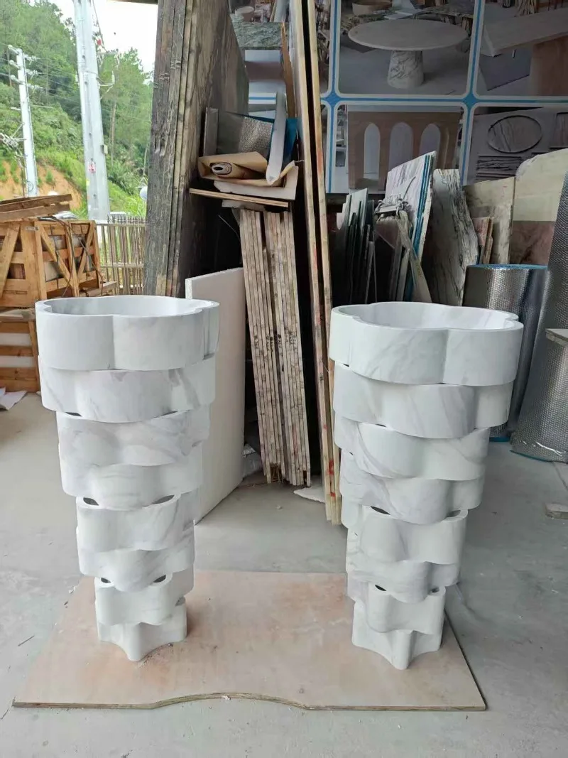 Unique Flower Design Freestanding Carrara White Marble Standing Basin Marble Stone Pedestal Sink