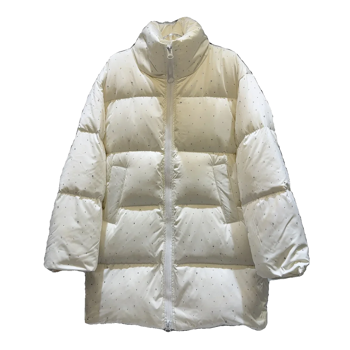 Babysbreath Hot Drilling Women Down Jacket New Autumn Winter Mid-long Parkas Stand Collar Zip Casual 90% White Down Down Coat