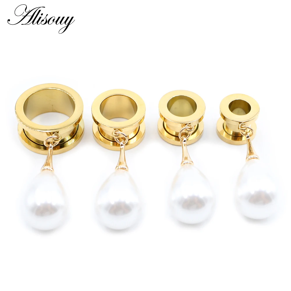 Alisouy 1pc Stainless Steel Water Drop Pearls Ear Flesh Tunnels Plugs Expanders Stretcher Gauges Earrings Piercing Body Jewelry