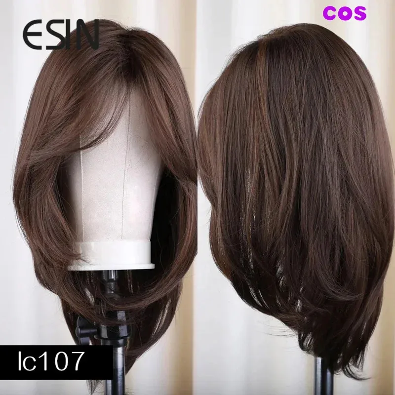 

A ESIN Synthetic Dark Brown Wig Long Wave Wigs for Women Hair Wig With Bangs Heat Resistant Party Daily Natural Use A
