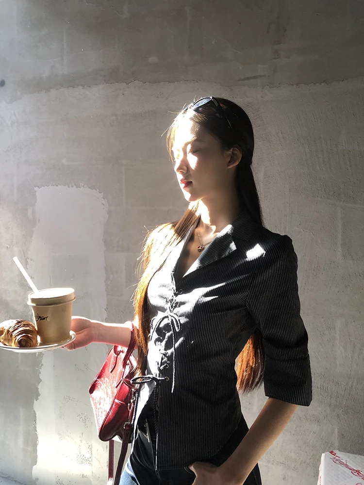 ADAgirl Black Striped Blouse Female Five Quarter Short Sleeved Shirt Women Spring Summer Korean Fashion Lace-up Button Clothes