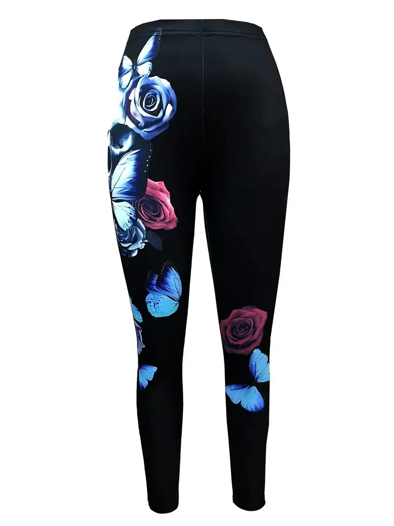 Flower print slim-fit elastic waist tights women\'s casual leggings daily work travel wear