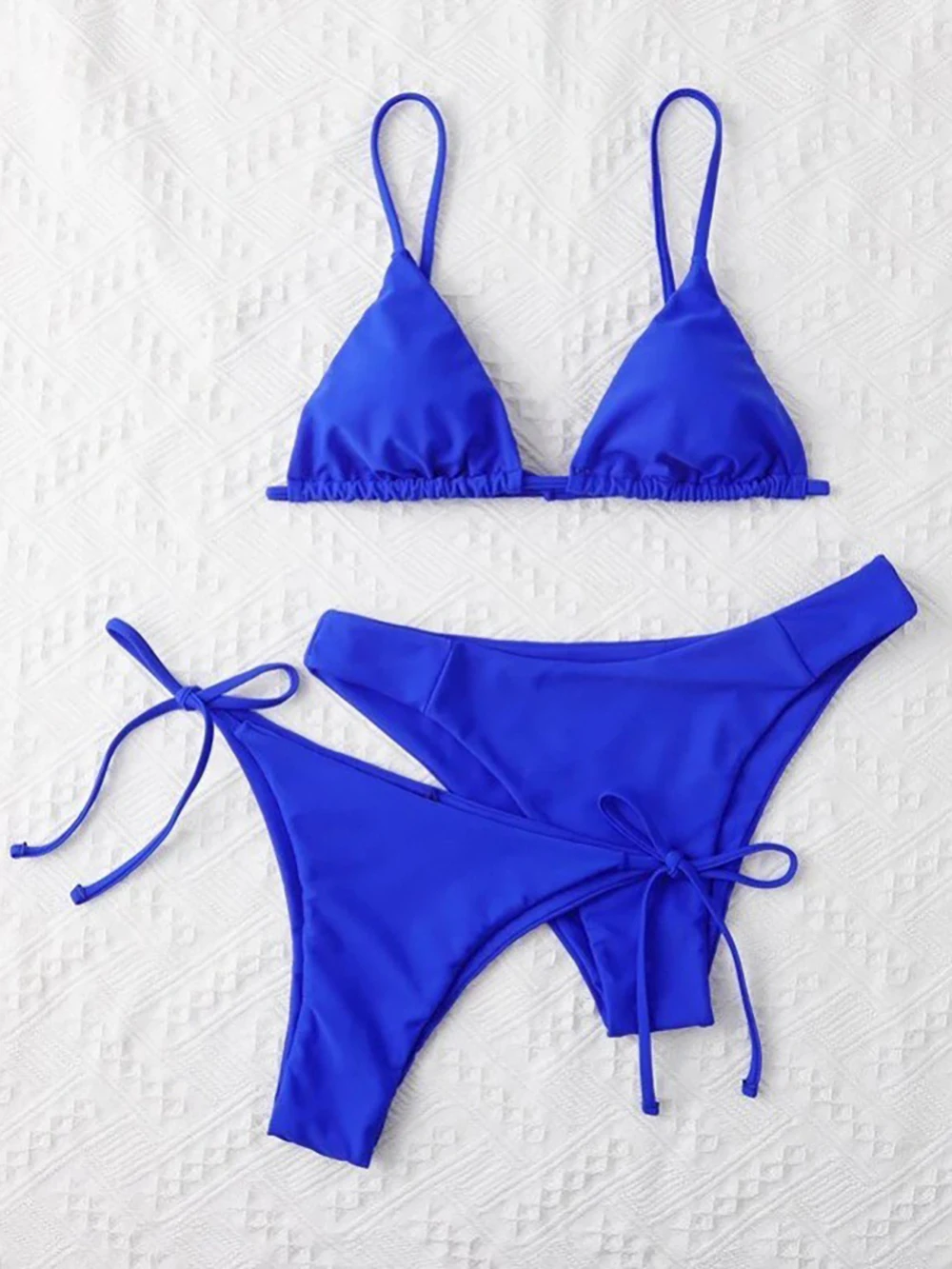 Sexy Solid 3 piece Bikini Set Women's Halter Lace Up Low Waist Swimsuit Triangle Thong Tie On Side Swimwear Brazilian Biquinis