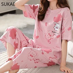 SUKAE Womens Plus Size Pajamas M-5XL Knee-length Casual Woman Sleepwear Big Size Ladies Elegant Floral Printing Pyjama Home Suit