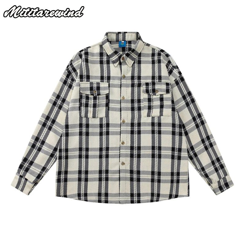 

Hip Hop Streetwear Shirts for Men Multi-pockets Plaid Retro Long Sleeve Shirts Men Clothing Fashion Casual Classic Loose Tops