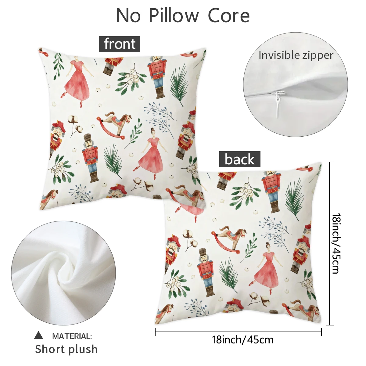 1/2pcs Retro Nutcracker Ballet Girl Pattern Pillowcase, Double sided Short Plush Printed Christmas Pillow Cover (No Pillow Core)