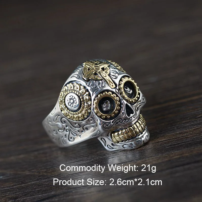 Real Solid 925 Sterling Silver Sugar Skull Rings For Men Mexican Rings Retro Gold Color Cross Sun Flower Engraved Punk Jewelry