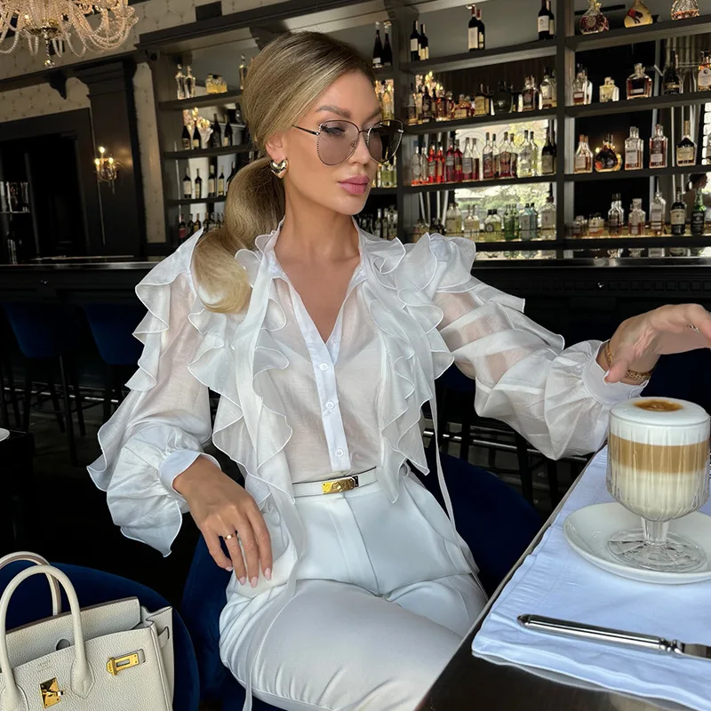 

2025 Summer New Women's Fashion, Leisure and Elegant Temperament Stand-up Long-sleeved Perspective Shirt Ladies' Top