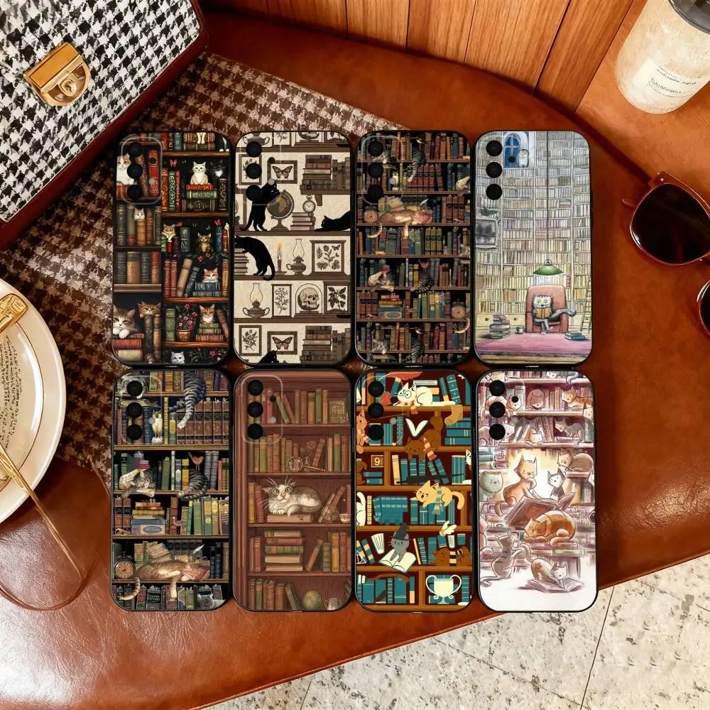 

Vintage B-Bookshelf Kitten Phone Case For Samsung Galaxy A73,A72,A71,A70,A53,A52,A51,Soft Silicone Black Cover