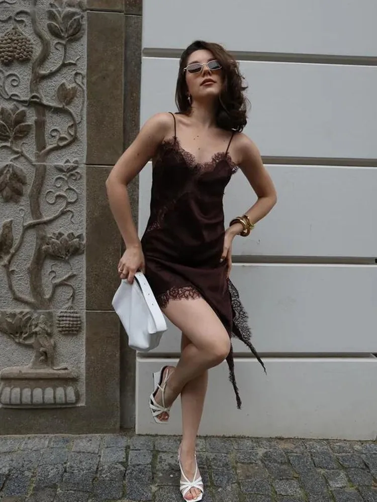 New Satin Slip Sexy Lace Spliced Mini Dress Women Sleeveless Backless Asymmetric Light Party Dresses 2026 Summer Vacation Dress