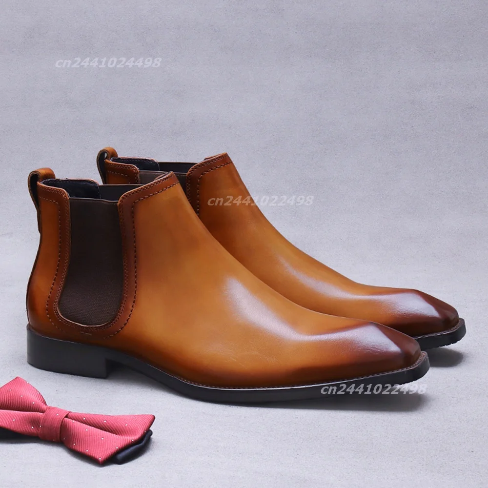 Elastic Side Panel Men Chelsea Ankle Boots, Gradient Brown Square Toe Dress Footwear for Wedding Business Party Gentleman Wear