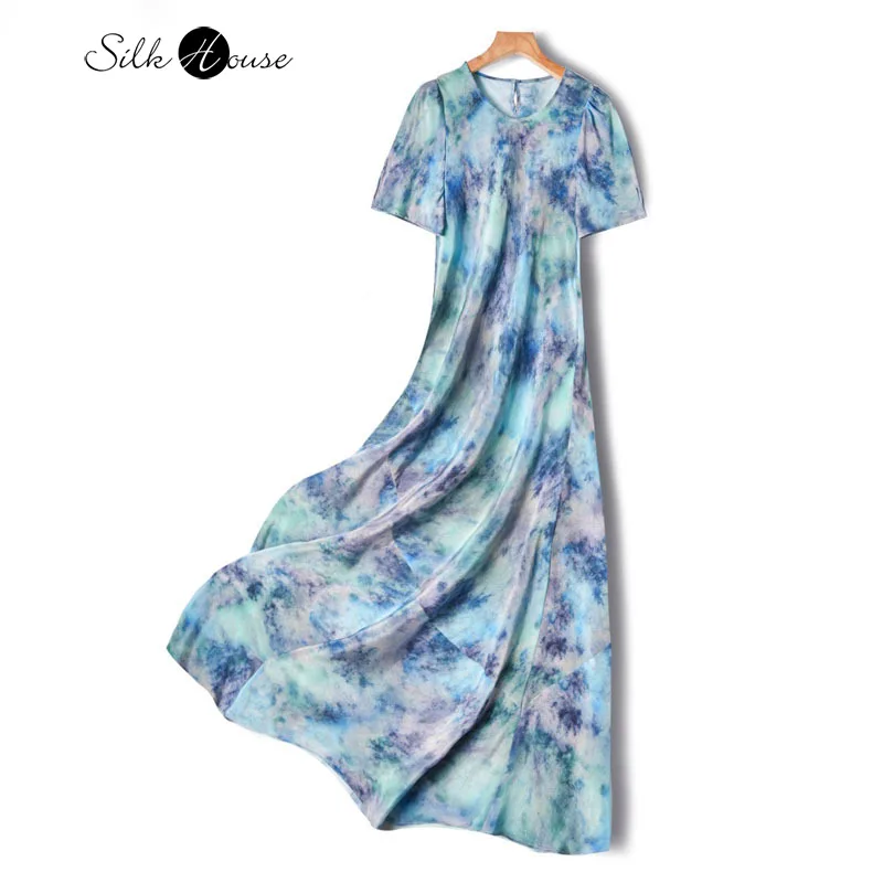 

Stereoscopic Oblique Cut 100% Natural Mulberry Silk Double Crepe Dyed Print Short Sleeved French Women's Fashionable Dress