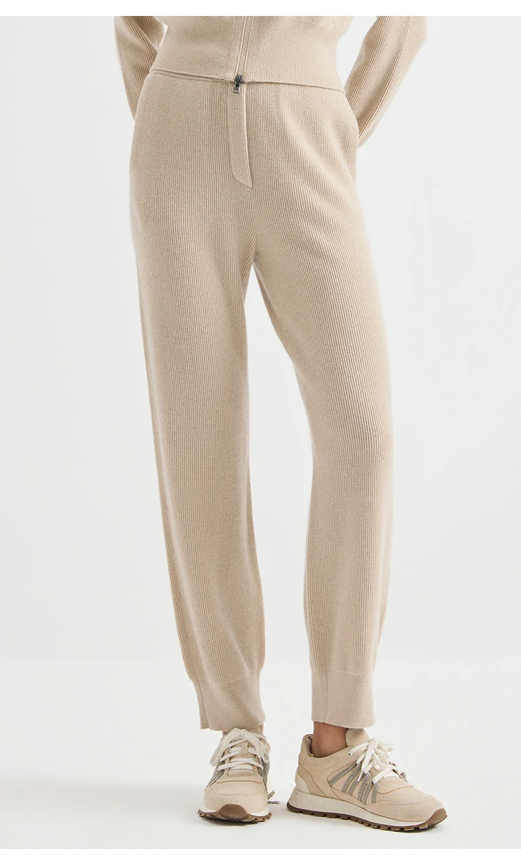 BY4621738 Damen High-Waist Wolle-Kaschmir-Mischung Englischer Rippstrick Gerade Hose mit Frontreißverschluss Schlichte Eleganz für den Herbst – Detail 3