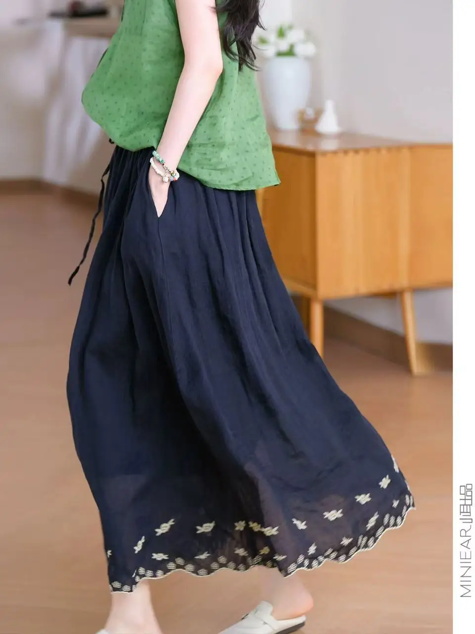 

Ele Sweet Summer New Cotton Linen Embroidered Loose Midi Skirt Comfortable High Waist Ci Commute Faion Women's Skirt