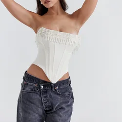 2024 New Fashion Pearl Tassel Cami Off Shoulder White Crop Tops Women Elegant Corset Tube Top Sexy Slim Clubwear Party Camisole