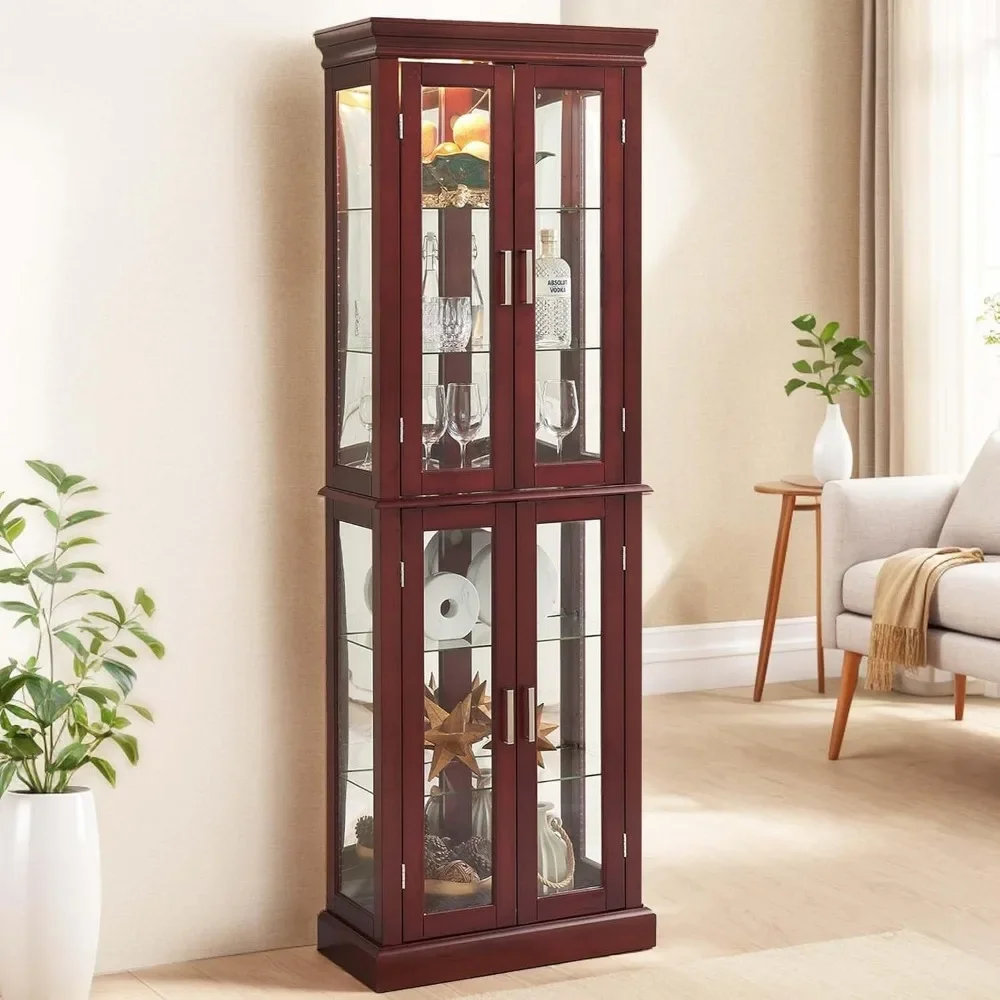 

70" Cherry Wood Display Cabinet - Vintage Curio w/ 6 Adjustable Glass Shelves & Lighting, Accent Storage"​