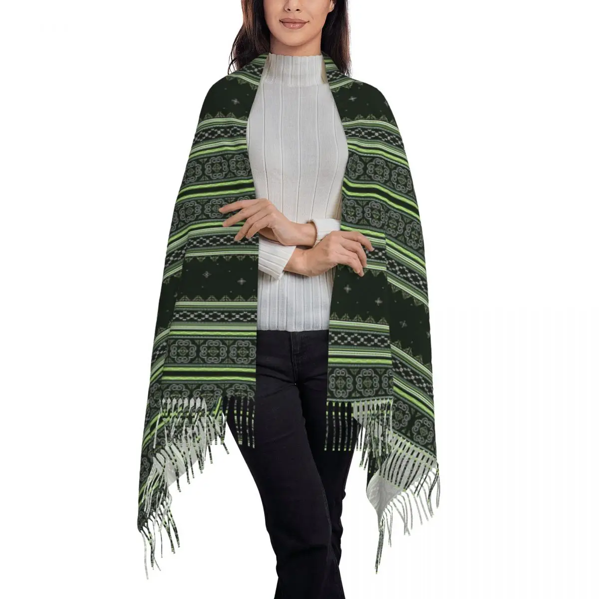 Green Hmong Winter Wonderland Scarf Tassel Scarves Women Soft Warm Shawls and Wraps Long Fall Winter Shawl Wrap