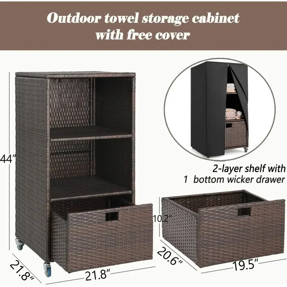 Outdoor Pool Towel Storage Cabinet Organizer with Shelves and Rolling Wheels, Cover Included for Patio Use