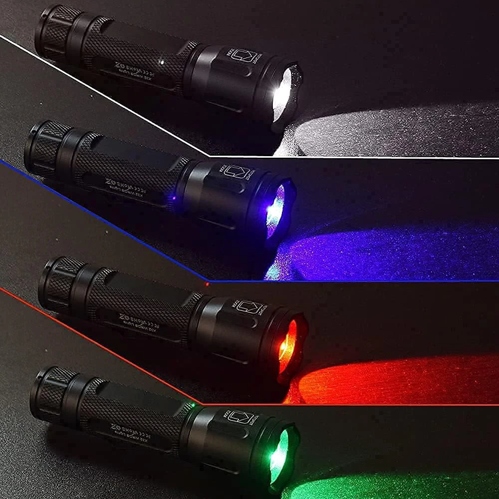 4 in 1 Multicolor Tactical Flashlight, Can Zoom White Blue Green Red Light, RGB Waterproof Handheld Torch with Clip, Suitable