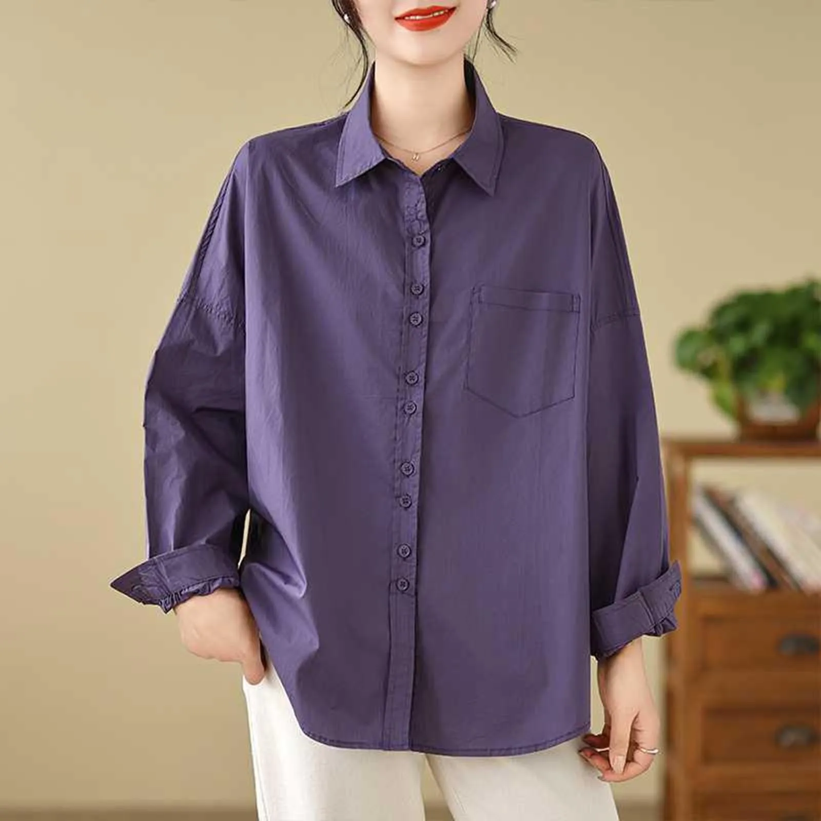 Women's Autumn Solid Color Pleated Pocket Long Sleeve Top Eyelet Shirts for Women Size Medium Shirts Women Dark Shirt Women