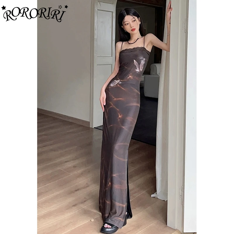 

RORORIRI Butterfly Print Brown Camisole Dress Women Desire Lace Stitch Slim Stretch Bodycon Split Long Dress Grayu Retro Clothes