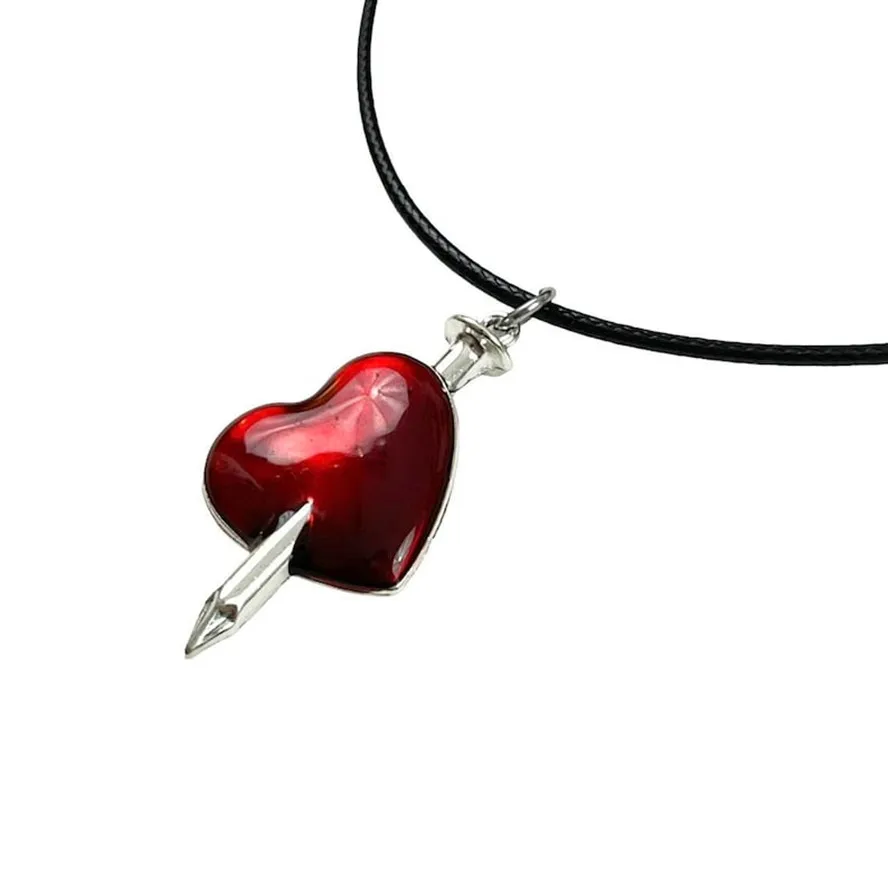 goth 90’s red heart sword necklace bloody heart choker chunky puffy heart pendant necklace with black leather chain jewelry